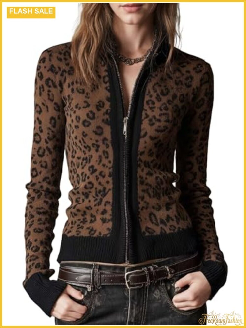 Slim Fit Leopard Print Zip Up Cardigan Long Sleeve V-Neck Front Zipper Sweater